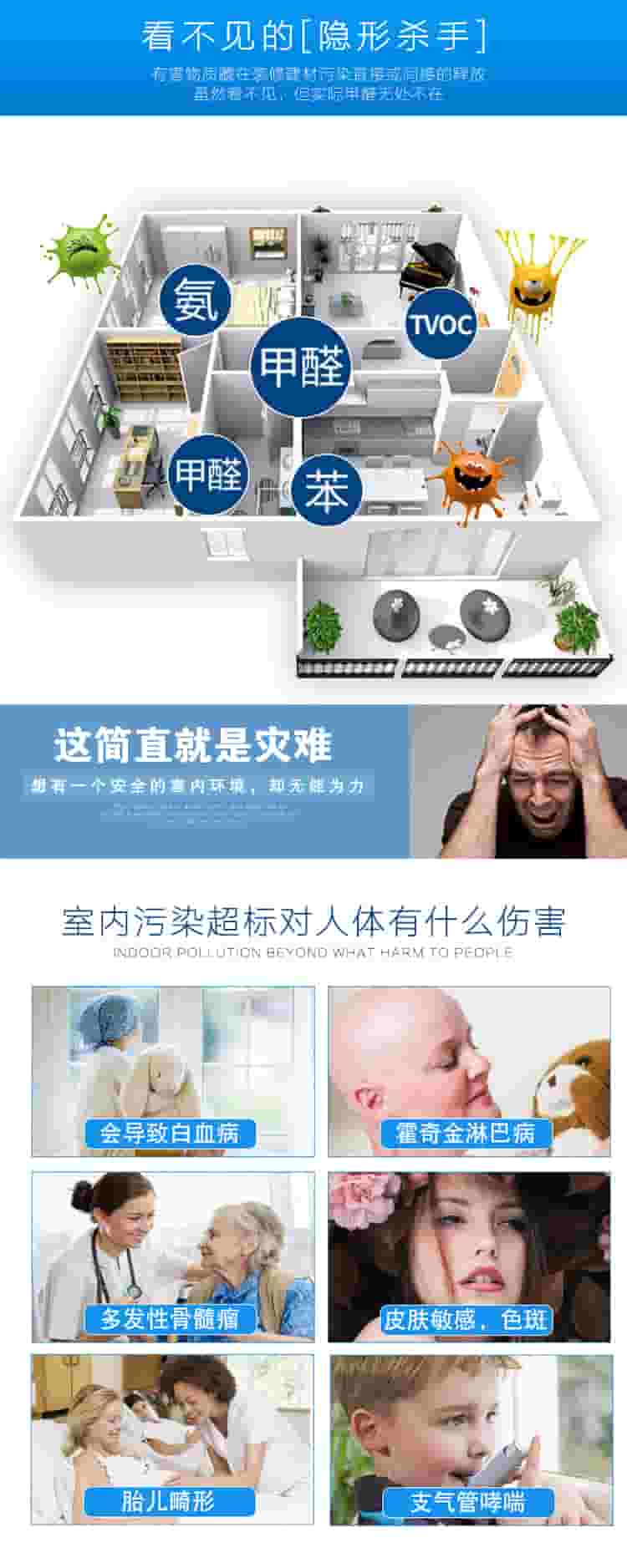 看不見的[隱形殺手]有害物質(zhì)在裝修建材污染直接或間接的釋放，雖然看不見，但實際甲醛無處不在，氨，甲醛，苯，TVOC，這簡直是災(zāi)難，想有一個安全的室內(nèi)環(huán)境，卻無能為力，室內(nèi)污染超標對人體有什么傷害，會導致白血病，霍奇金淋巴病，多發(fā)性骨髓瘤，皮膚敏感，色斑，胎兒畸形，支氣管哮喘