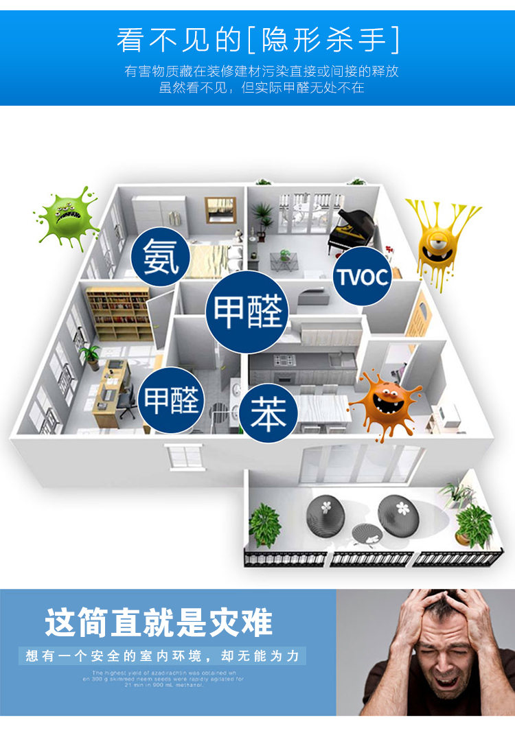 看不見的隱形殺手 和有害物質藏在建材污染直接或間接的釋放 雖然看不見 但實際甲醛無處不在 這簡直就是災難，想有一個安全的室內環(huán)境，卻無能為力