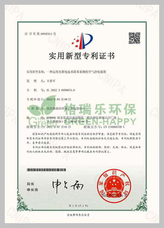 格瑞樂專利,實用新型專利,光催化技術(shù),室內(nèi)除苯系物,空氣凈化裝置